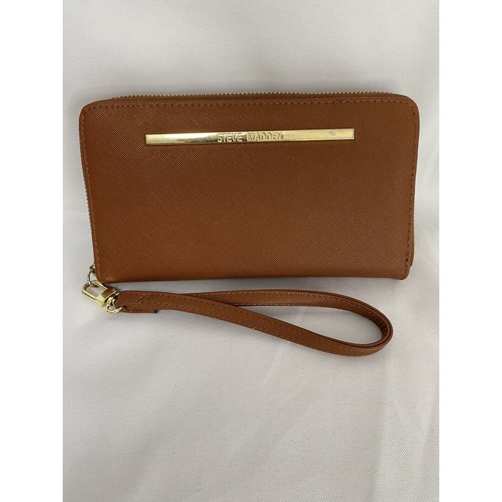 STEVE MADDEN Women's Wallet Zip Around Wristlet Detachable Strap Brown 8"x4.5"